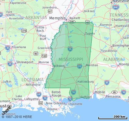 Map showing the ZIP Codes in the State of Mississippi