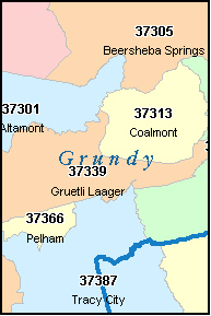 GRUNDY County, TN ZIP Code Map
