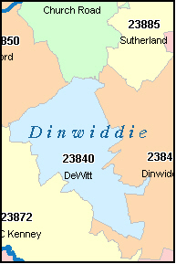DINWIDDIE County, VA ZIP Code Map