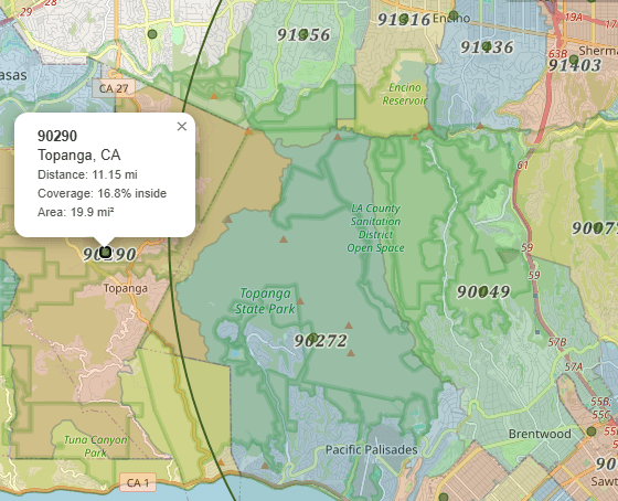 Map showing ZIP 90290 partially inside a 10-mile radius. The centroid is 11.15 mi away (outside), but 16.8% of the ZIP boundary falls within the circle.