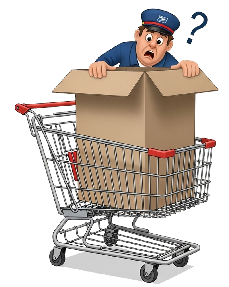 Postmaster looking into an empty box in a shopping cart.