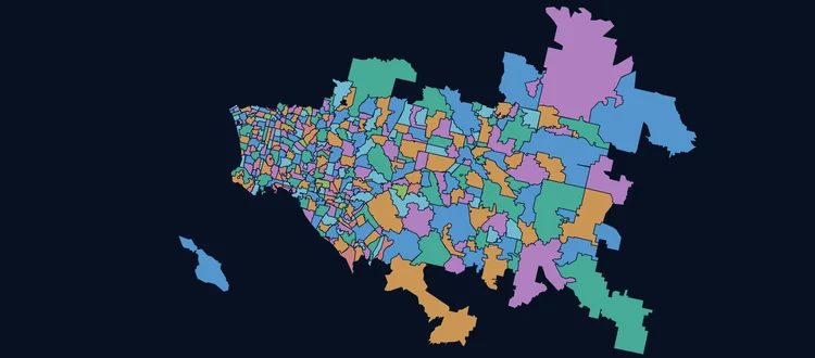 Close view of postal boundary polygons, each delivery area filled in a contrasting color