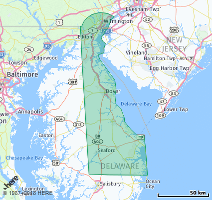 Delaware State Map Map showing the ZIP Codes in the State of Delaware