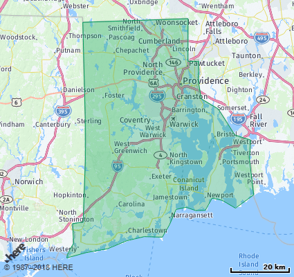 Rhode Island State Map Map showing the ZIP Codes in the State of Rhode Island